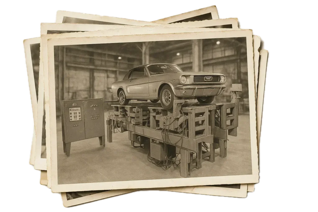 Historical photo of a Ford Mustang on a Burke E. Porter Dynamic Vehicle Test deck